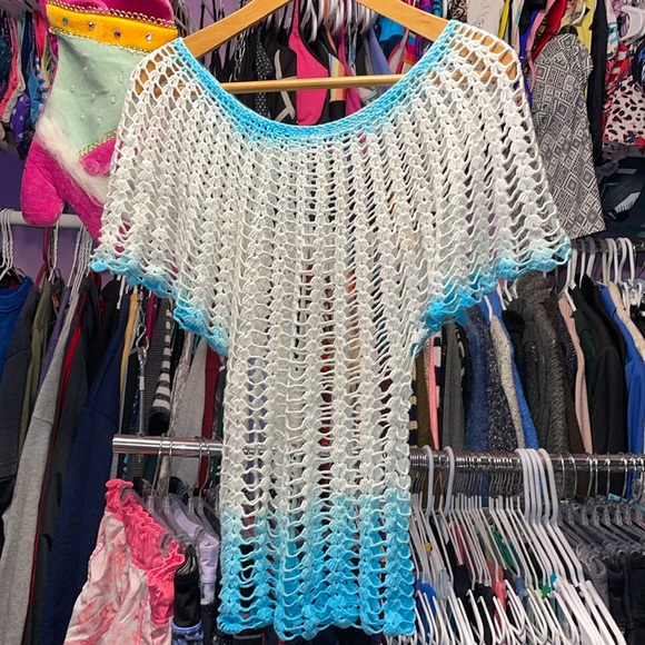 knit top crochet white and blue no tag fits small beach cover up - Picture 1 of 5